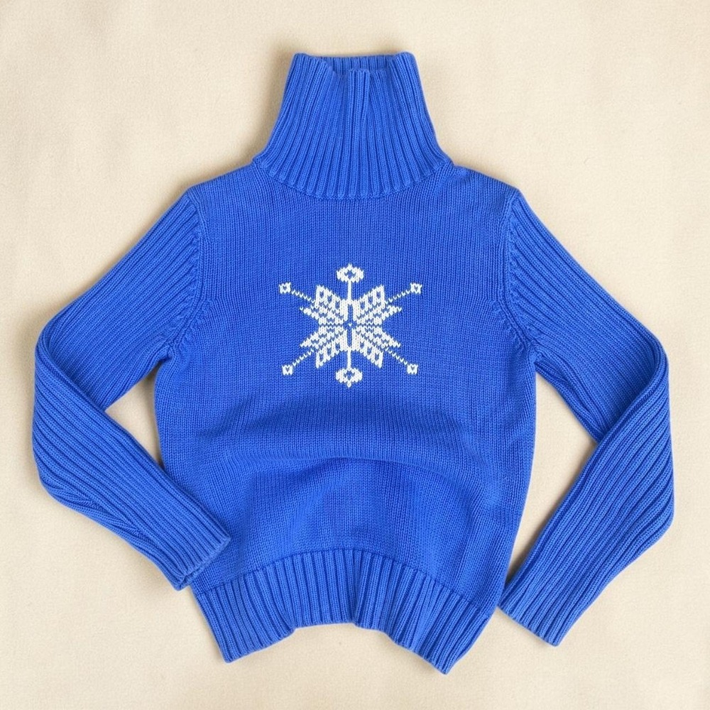 Vintage Lands' End Cobalt Blue Snowflake Turtleneck Ski Sweater 100% Cotton S